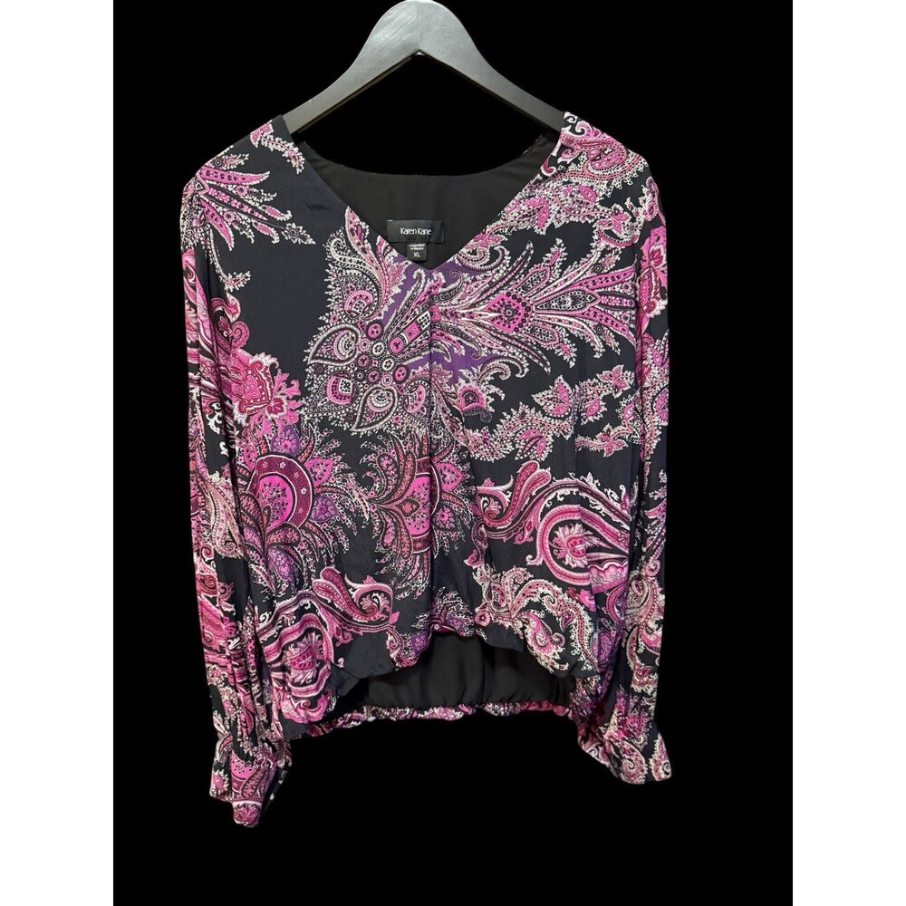Karen Kane XL Paisley Blouse Pink Purple Black V-Neck Long Sleeve Top Boho Chic